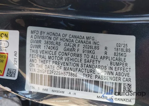 2025 Honda Civic Lx z USA, uszkodzony, nr VIN 2HGFE2F22SH573868